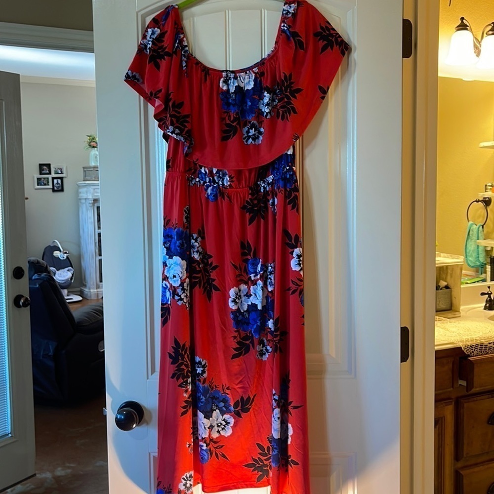 DuJour red floral dress. On or off shoulder